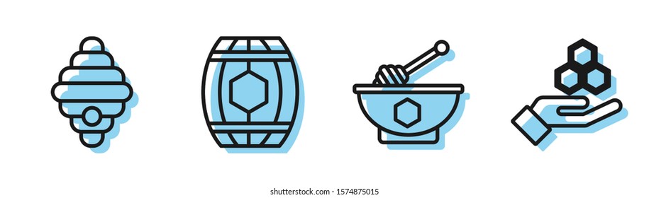 Set line Honey dipper stick and bowl, Hive for bees, Wooden barrel with honey and Honeycomb and hand icon. Vector
