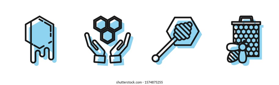 Set line Honey dipper stick, Honeycomb, Honeycomb and hands and Bee and honeycomb icon. Vector
