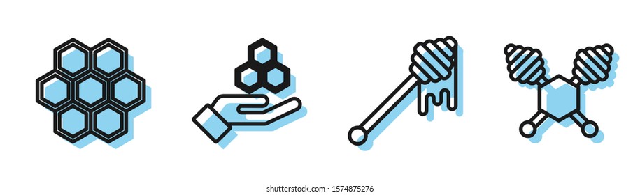 Set line Honey dipper stick with dripping honey, Honeycomb, Honeycomb and hand and Honey dipper stick icon. Vector