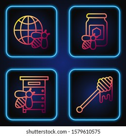 Set line Honey dipper stick with dripping honey, Hive for bees, Honeycomb map of the world and bee and Jar of honey with bee. Gradient color icons. Vector