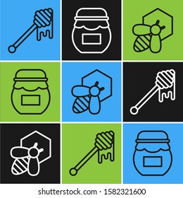 Set line Honey dipper stick with dripping honey, Bee and honeycomb and Jar of honey icon. Vector