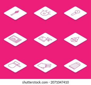 Set line Honey dipper stick, Kitchen apron, Pizza knife, Microwave oven, meat grinder, Ball tea strainer, Coffee turk and Knife icon. Vector