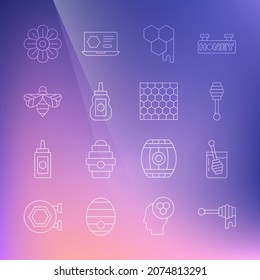 Set line Honey dipper stick with honey, Honeycomb, Jar of, Bee, Flower and  icon. Vector