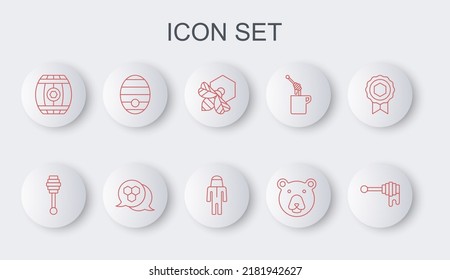 Set line Honey dipper stick with honey, Bee and honeycomb, Bear head, Wooden barrel, Hive for bees, Honeycomb and Beekeeper protect hat icon. Vector