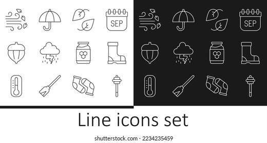 Set line Honey dipper stick, Waterproof rubber boot, Leaf, Storm, Acorn, Windy weather, Jar honey and Umbrella icon. Vector