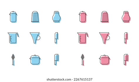 Set line Honey dipper stick, Cooking pot, Meat chopper, Funnel or filter, Bread knife, Measuring cup and Grater icon. Vector
