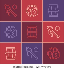 Set line Honey dipper stick, Wooden barrel with honey and Sale of honeycomb icon. Vector