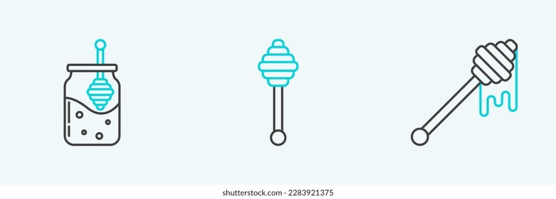 Set line Honey dipper stick with dripping honey, Jar of and and  icon. Vector