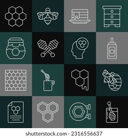 Set line Honey dipper stick, Hive for bees, Jar of honey, Stack pancakes, Honeycomb and Beekeeper icon. Vector