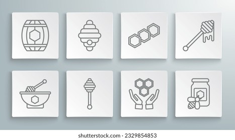 Fijar la línea Palo y tazón de miel, Colmena para abejas, manos de Honeycomb, Jar de miel con, goteo e ícono de barril de madera. Vector