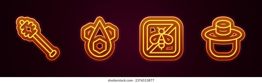 Set line Honey dipper stick, Honeycomb, Stop bee and Beekeeper with protect hat. Glowing neon icon. Vector