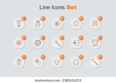 Set line Honey dipper stick, Hive for bees, Honeycomb, Sale of, Jar honey, Bread with, Bee location and Beekeeping brush icon. Vector
