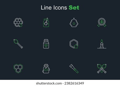 Set line Honey dipper stick, Beekeeping knife, Jar of honey, Honeycomb, Burning candle,  and  icon. Vector