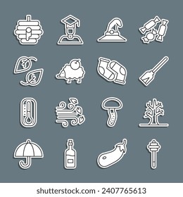 Set line Honey dipper stick, Bare tree, Handle broom, Witch hat, Hedgehog, Leaf, Hive for bees and Socks icon. Vector