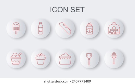 Set line Honey dipper stick, Ice cream in bowl, French baguette bread, Spatula, Bottle with milk, Cake and Bag of flour icon. Vector