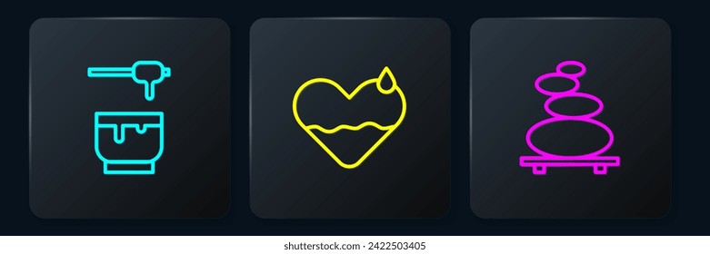 Set line Honey dipper stick and bowl, Stack hot stones and Heart heal. Black square button. Vector