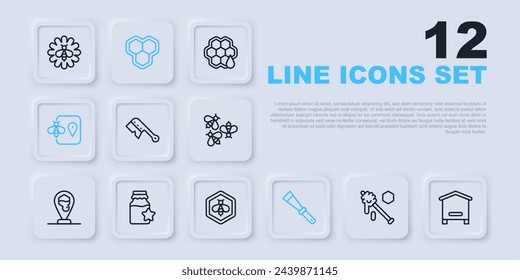 Set line Honey dipper stick, Hive for bees, Beekeeping brush, knife, location, Jar of honey, Honeycomb and and honeycomb icon. Vector