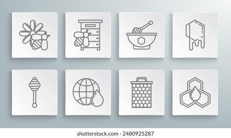 Set line Honey dipper stick, Hive for bees, Honeycomb map of the world, and bowl,  and Bee flower icon. Vector