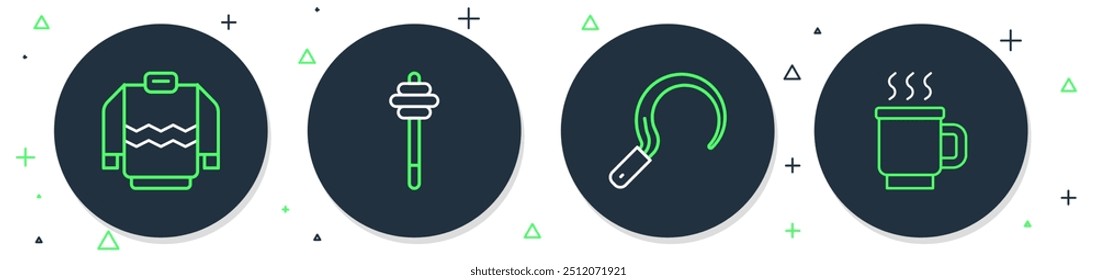 Set line Honey dipper stick, Sickle, Sweater and Cup of tea icon. Vector