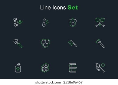 Set line Honey dipper stick, Wooden barrel with honey, Honeycomb, Cosmetic tube, Beekeeping brush,  and Cutter roll for icon. Vector