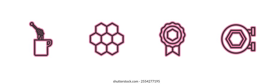 Set line Honey dipper stick with honey, medal, Honeycomb and Hanging sign honeycomb icon. Vector