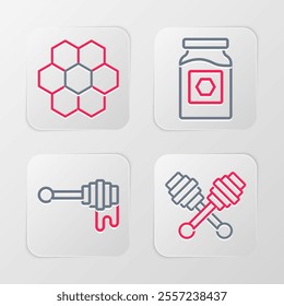 Set line Honey dipper stick, with honey, Jar of and Honeycomb icon. Vector