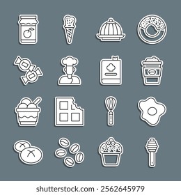 Set line Honey dipper stick, Scrambled eggs, Coffee cup to go, Pudding custard, Cook, Candy, Jam jar and Cookbook icon. Vector