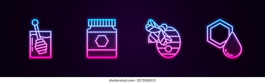 Set line Honey dipper stick, Jar of honey, Hive for bees and Honeycomb. Glowing neon icon. Vector