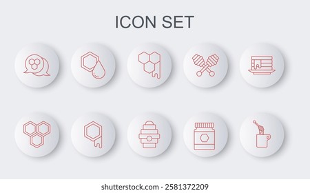 Set line Honey dipper stick with honey, Honeycomb, Jar of,  and Hive for bees icon. Vector