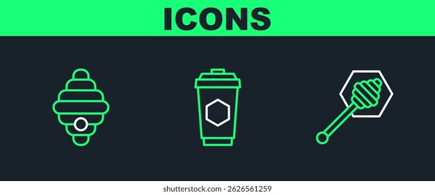 Set line Honey dipper stick, Hive for bees and Cup of tea with honey icon. Vector