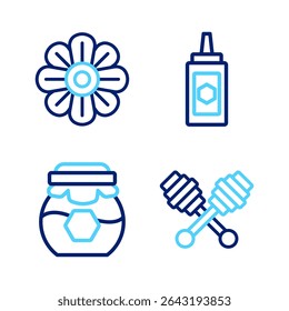 Set line Honey dipper stick, Jar of honey,  and Flower icon. Vector