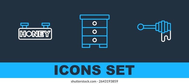 Set line Honey dipper stick with honey, Hanging sign honeycomb and Hive for bees icon. Vector