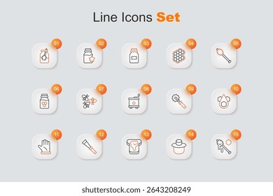 Set line Honey dipper stick, Beekeeper with protect hat, Bread honey, Beekeeping knife, glove, Honeycomb, Cutter roll for and extractor icon. Vector