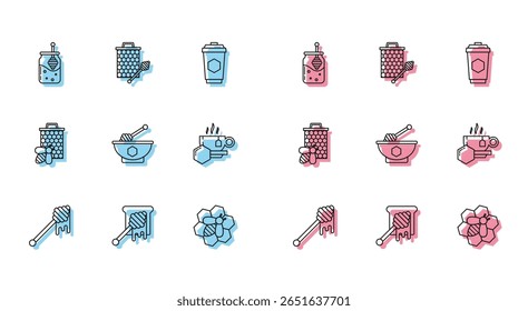 Set line Honey dipper stick with dripping honey, Jar of and, Bee honeycomb, bowl, Cup tea,  and Honeycomb stickicon icon. Vector