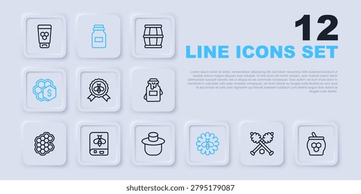 Set line Honey dipper stick, Jar of honey and, Best bee, Bee flower, Sale honeycomb, Book about,  and Beekeeper with protect hat icon. Vector