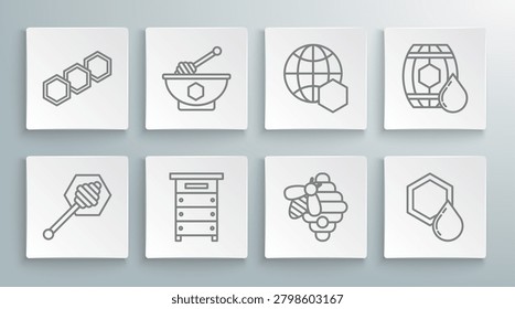 Set line Honey dipper stick, and bowl, Hive for bees, Honeycomb, map of the world, Wooden barrel with honey and  icon. Vector