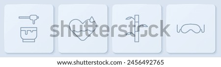 Set line Honey dipper stick and bowl, Bamboo stems with leaves, Heart heal and Eye sleep mask. White square button. Vector
