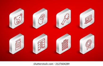 Set line Honey medal, Beekeeper, Honeycomb and hand, Stack of pancakes, Bear head, Hive for bees and Jar honey icon. Vector