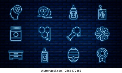 Set line Honey medal, Flower, Jar of honey, Honeycomb, Beekeeper, and hand and  icon. Vector