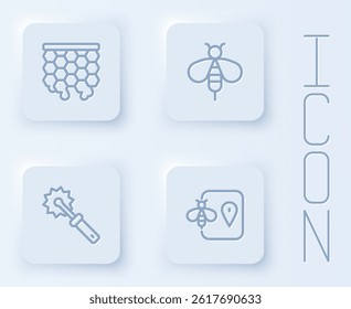 Set line Honeycomb, Bee, Cutter roll for honey and location. White square button. Vector
