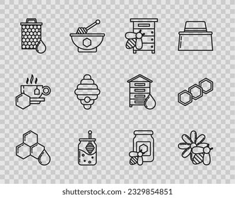 Set line Honeycomb, Bee and flower, Hive for bees, Jar of honey honey dipper stick, with and  icon. Vector