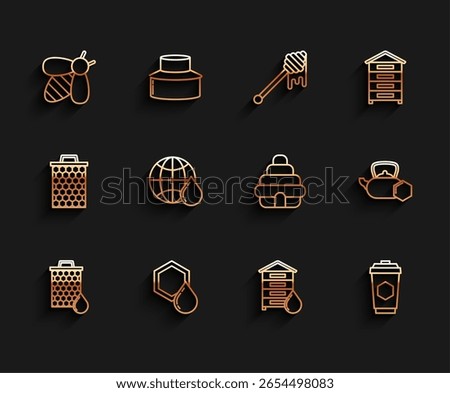 Set line Honeycomb, Bee, Hive for bees, Cup of tea with honey, map the world, Tea kettle and  icon. Vector