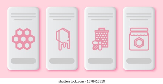 Set line Honeycomb, Honeycomb, Bee and honeycomb and Jar of honey. White rectangle button. Vector