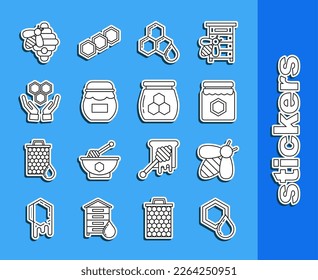 Set line Honeycomb, Bee, Jar of honey, and hands, Hive for bees and  icon. Vector