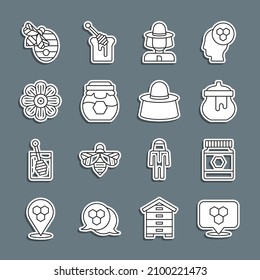 Set line Honeycomb bee location, Jar of honey, Beekeeper with protect hat, Flower, Hive for bees and  icon. Vector