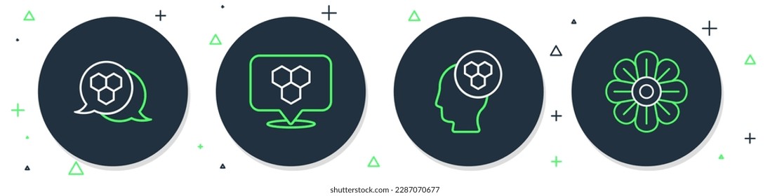 Set line Honeycomb bee location, Beekeeper,  and Flower icon. Vector