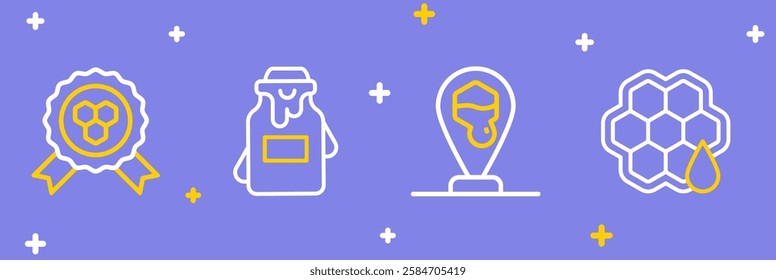 Set line Honeycomb, bee location, Jar of honey and award icon. Vector