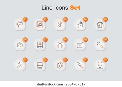 Set line Honeycomb bee location, Beekeeping knife, Wooden barrel with honey, Drops of, Cutter roll for, extractor and Hive bees icon. Vector