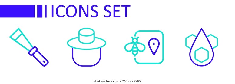 Set line Honeycomb, Bee location, Beekeeper with protect hat and Beekeeping knife icon. Vector