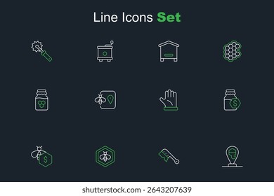 Set line Honeycomb bee location, Beekeeping brush, and honeycomb, Sale of bees, jar, Beekeeper glove,  and Jar icon. Vector